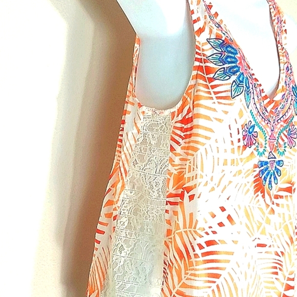 Bliss Couture Tank top Palm Leaf print embroidery white orange pink blue Bright - Picture 6 of 8